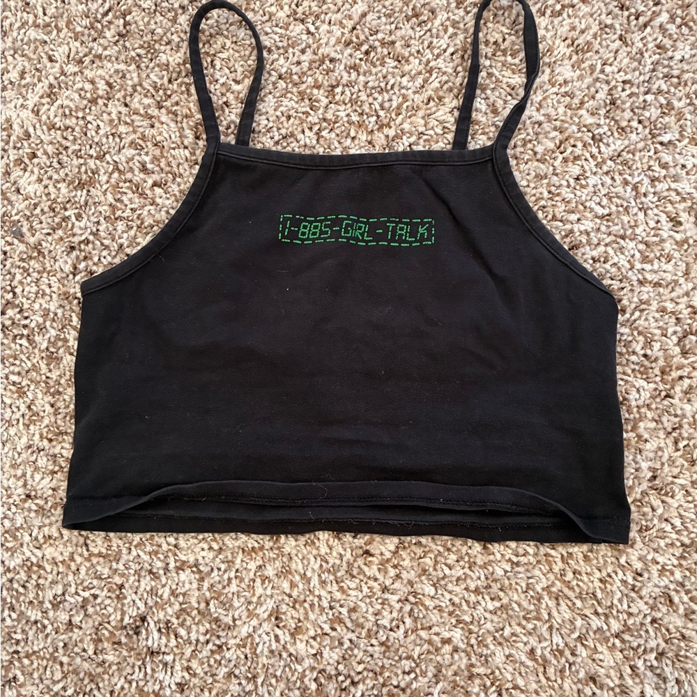 Black Crop Top with Green Embroidery